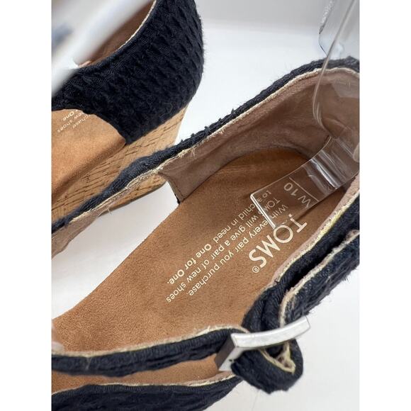 Women's Black Weave/Cork Toms Clarissa Strappy Peep Toe Wedge Sandals Size 10 - Picture 2 of 9